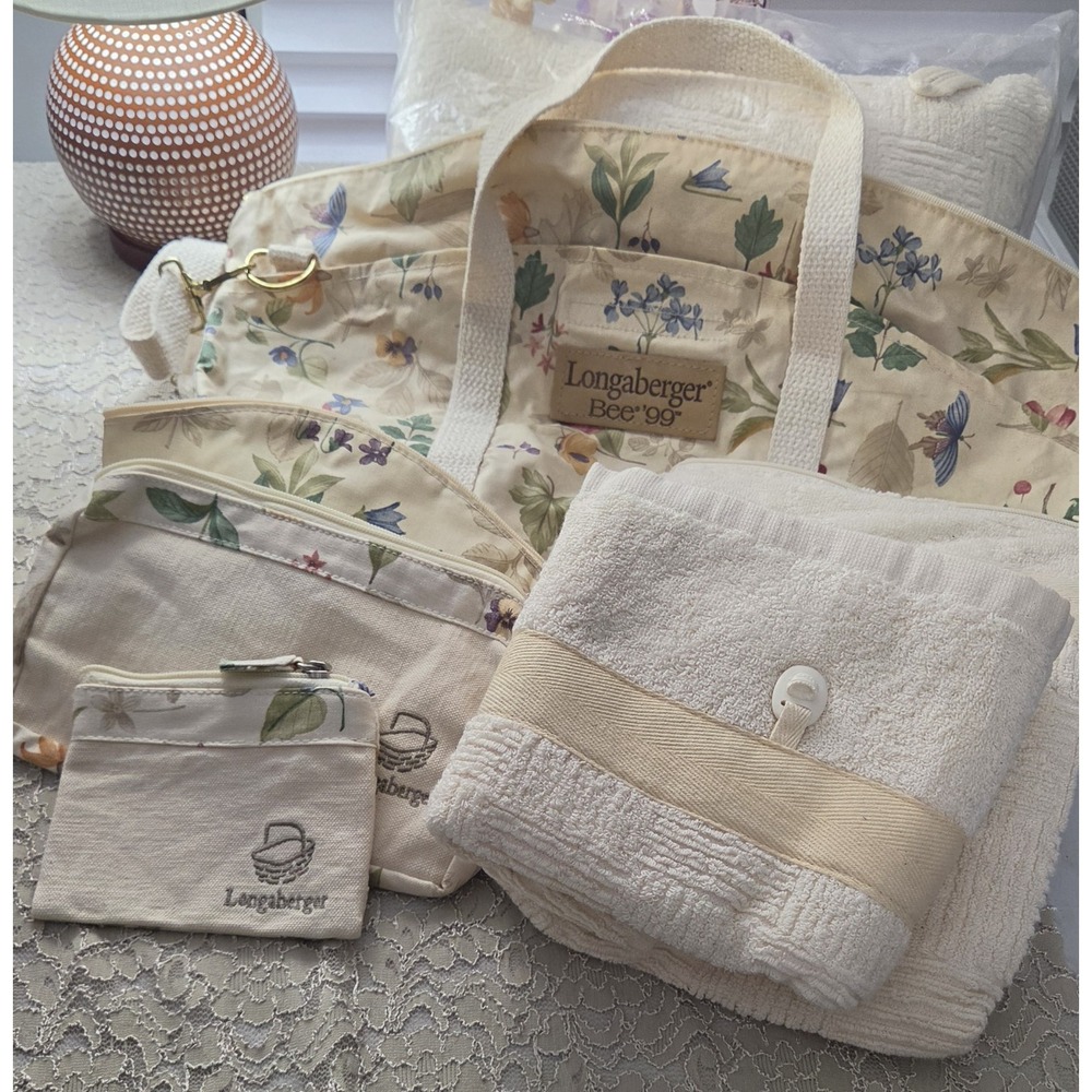 Longaberger 1999 Bee Tote , First Introduction Botanical Fields Fabric 7pc Set